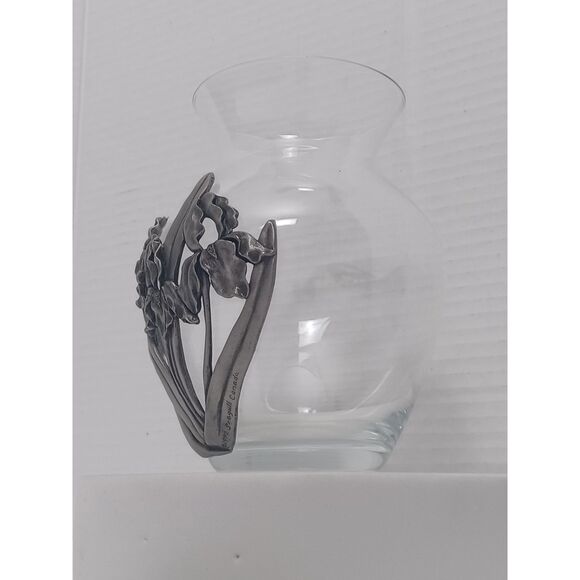 Seagull IRIS 1992 Nova Scotia Canada Vintage Pewter Overlay Clear Art Glass Vase - Picture 6 of 16